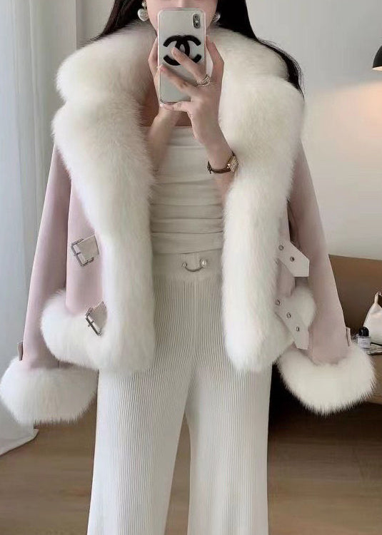 Beige Fur Collar Patchwork Woolen Coat Winter