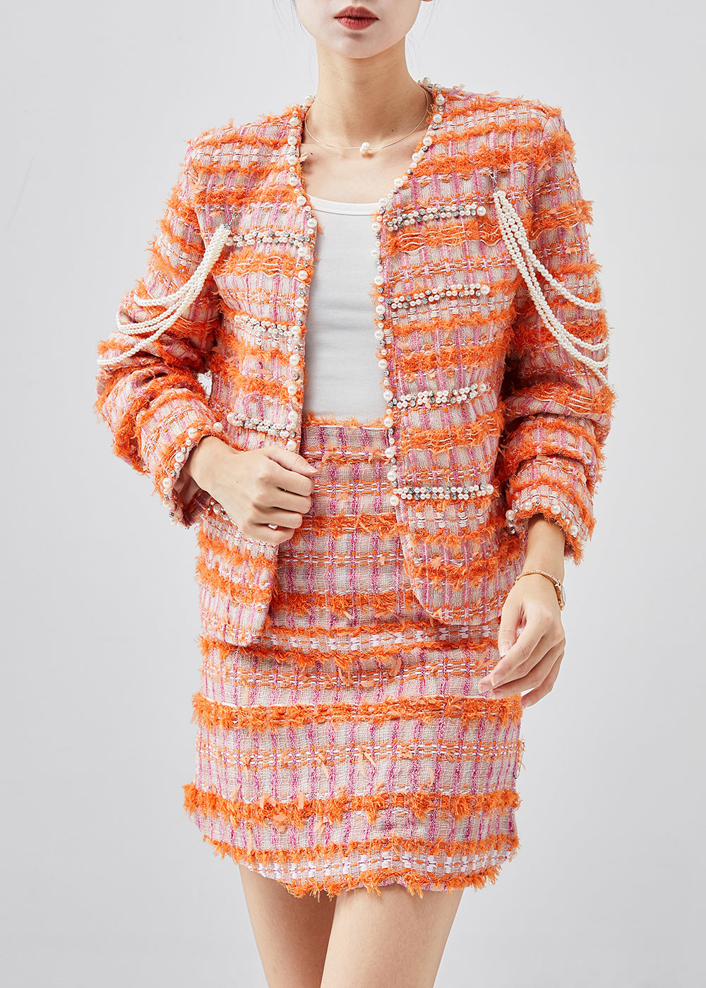 Orange Tasseled Nail Bead Cotton Two Pieces Set Spring