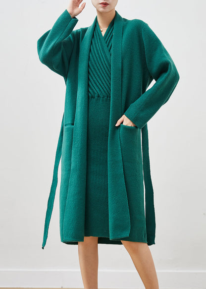 Blackish Green V Neck Thick Knit Sets 2 Pieces Winter