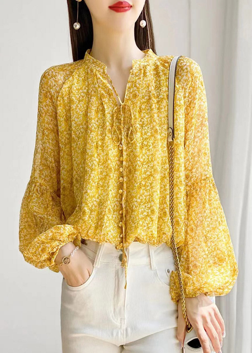 Yellow Stand Collar Print Button Lace Up Chiffon Shirt Long Sleeve