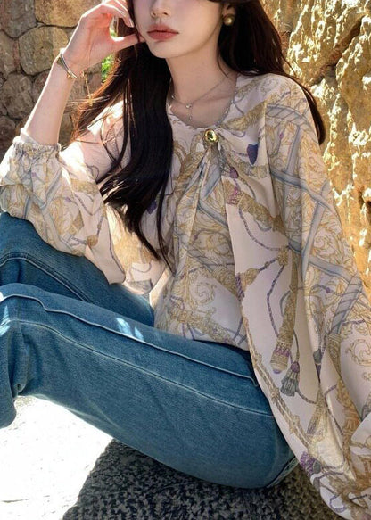 Beige Asymmetrical Print Chiffon Shirt Spring