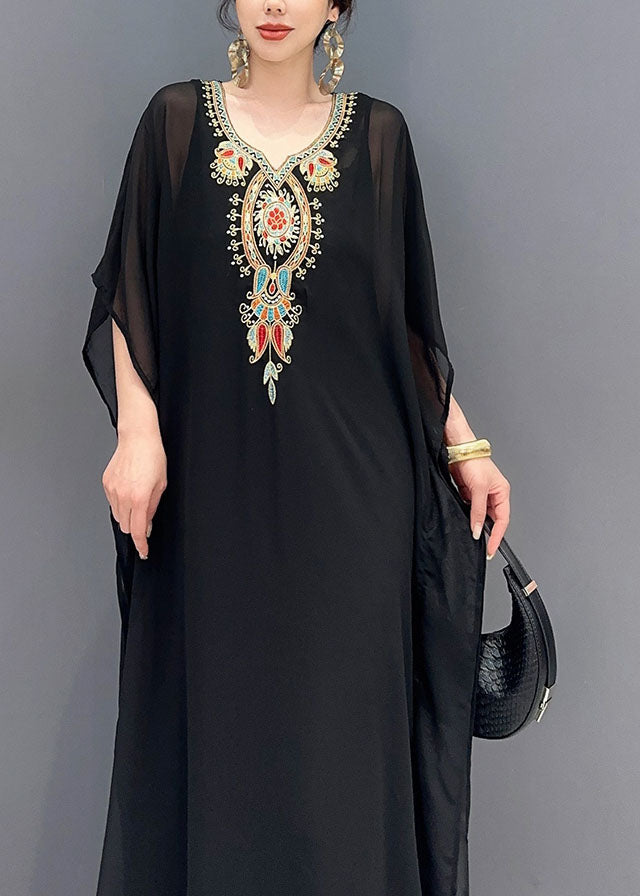 Black V Neck Embroideried Patchwork Tulle Maxi Dresses Long Sleeve