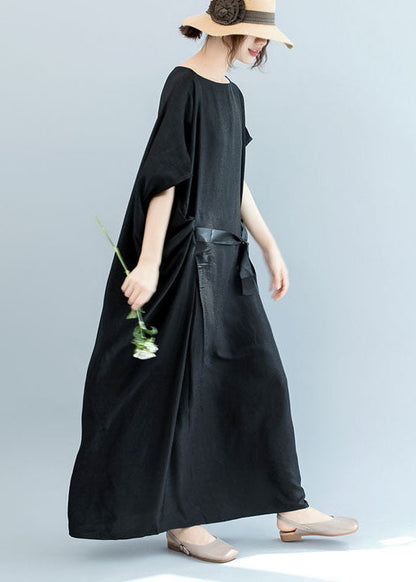 French Black Cinched Loose Wrinkled Long Dress Bat Wing Sleeve