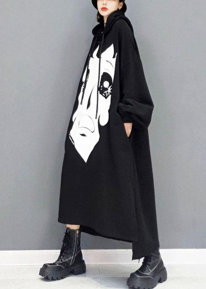 Boutique Black Hooded Print Side Open Long Dress Fall Long Sleeve