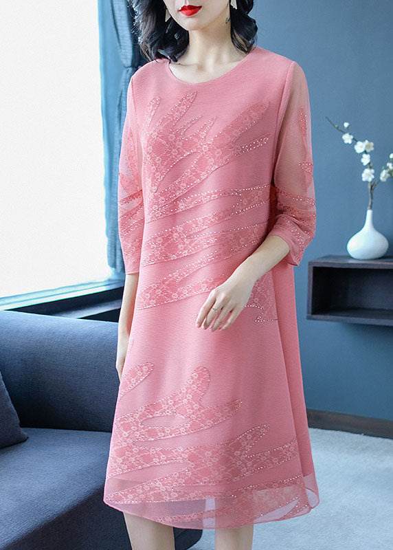 Pink O-neck Embroideried Tulle Maxi Dresses Fall