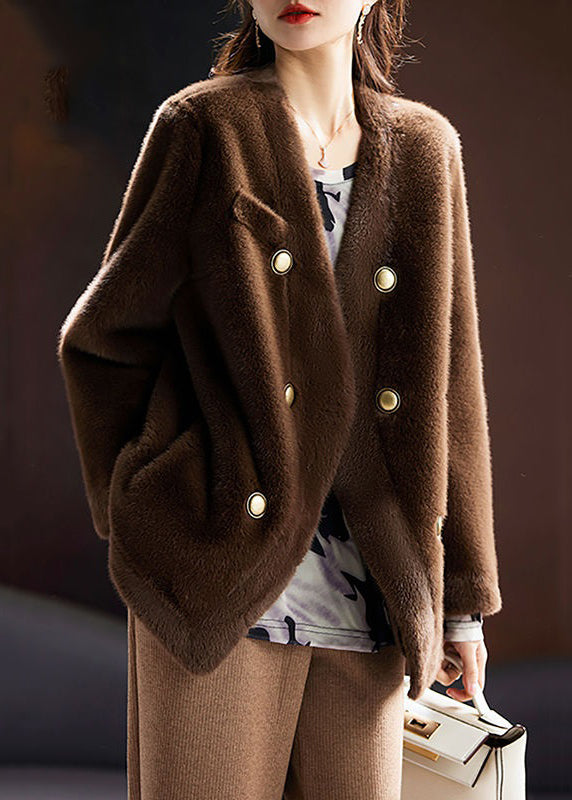 French Coffee V Neck Button Leather and Fur Coats Long Sleeve