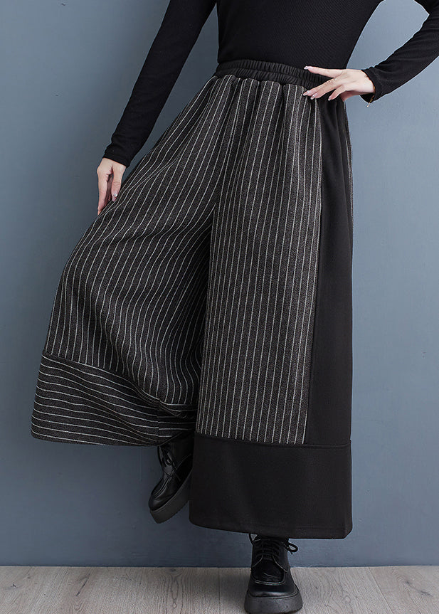 New Black Striped Patchwork Elastic Waist Woolen Wide Leg Pants Spring