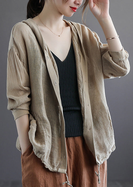 Lus Size Khaki Hooded Button Drawstring Cotton Coat Fall