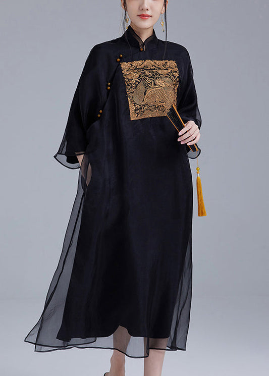 Black Button Pockets Silk Dress Stand Collar Long Sleeve
