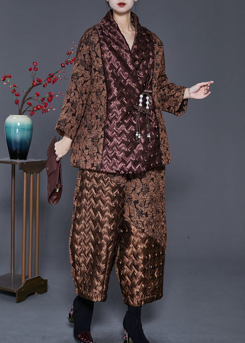 Khaki Tasseled Patchwork Jacquard Fine Cotton Filled Two Pieces Set Spring