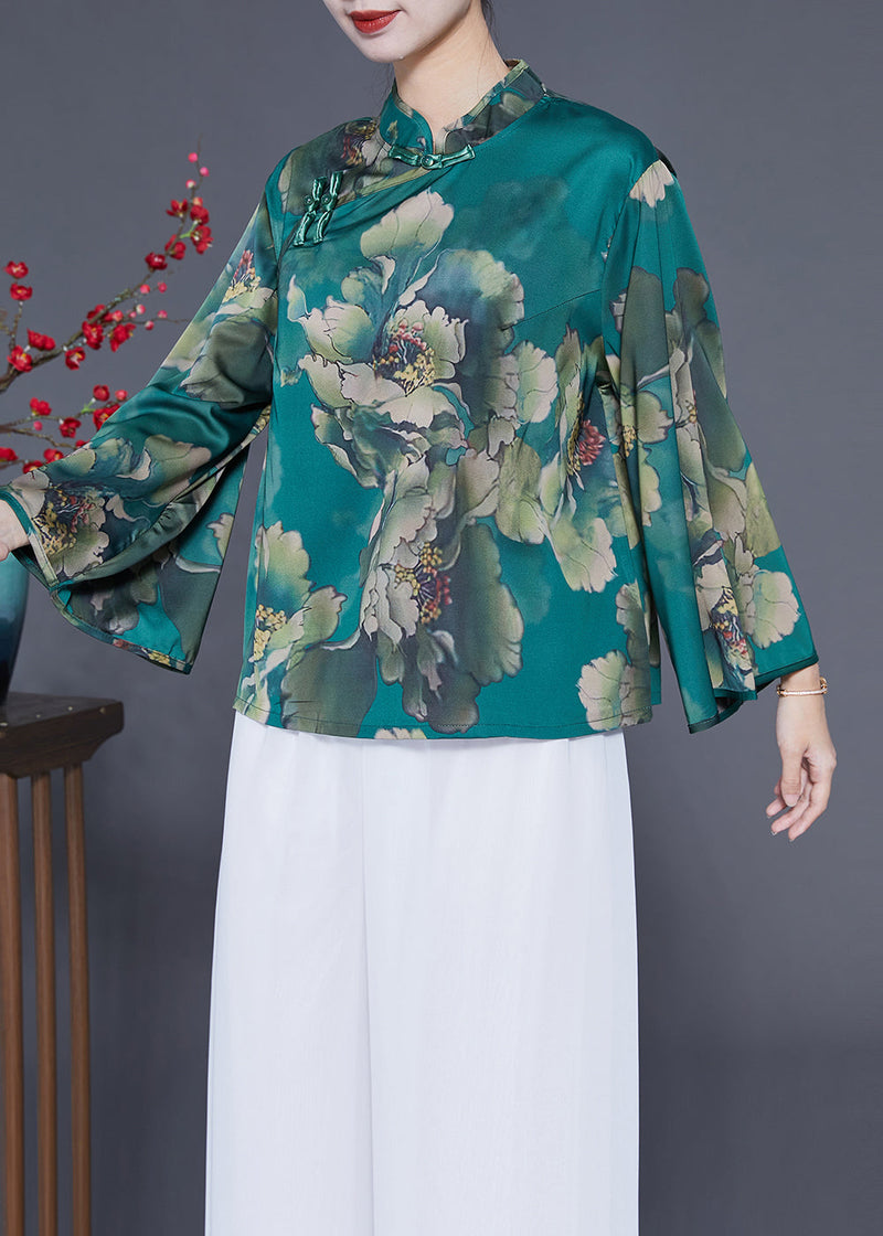 Peacock Green Mandarin Collar Print Silk Top Flare Sleeve