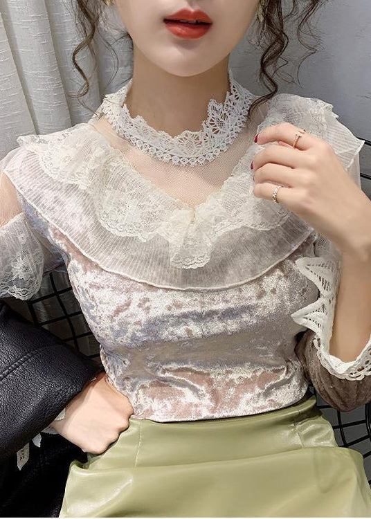 Pink Turtleneck Velour Lace Patchwork Tulle Tops Bottoming Shirt