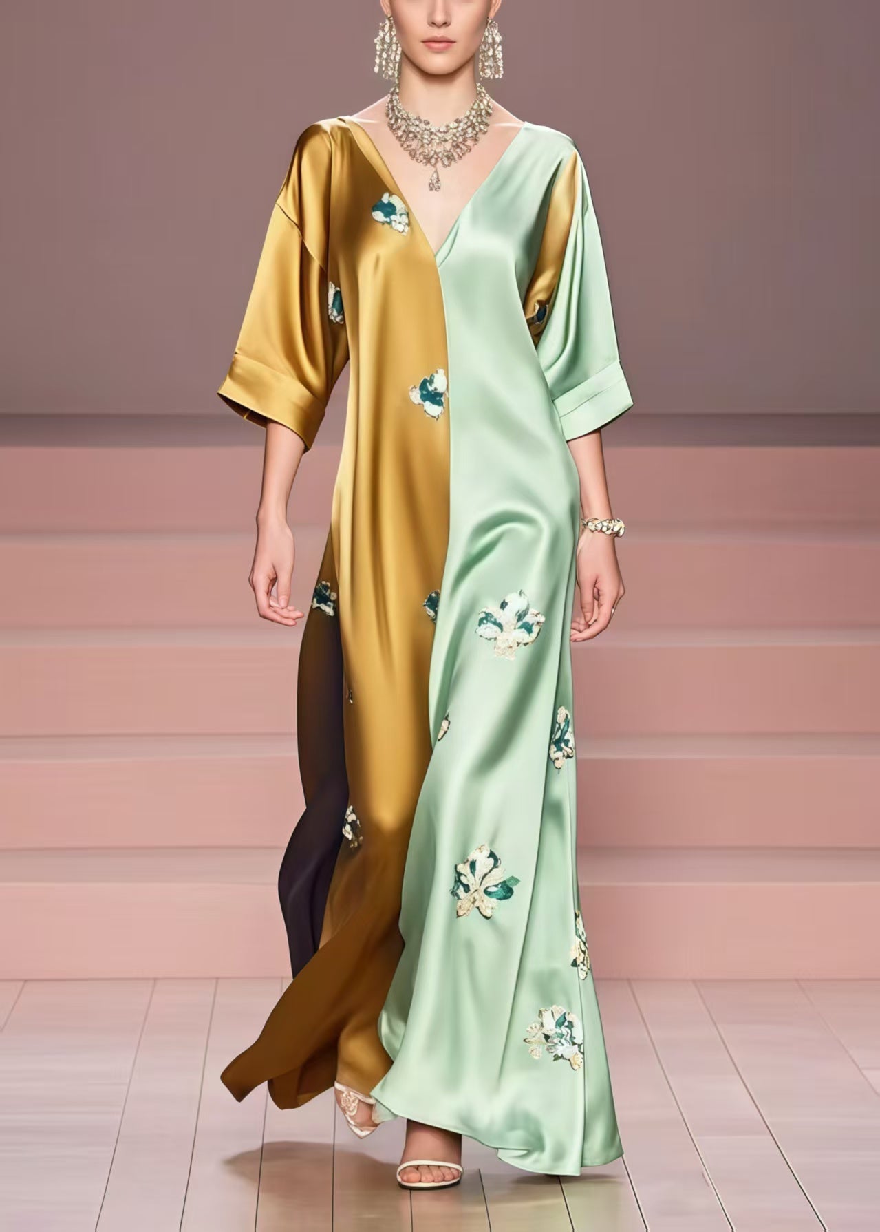 Colorblock Print Patchwork Silk Ankle Dress Summer