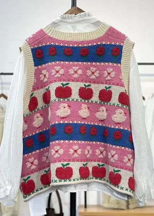 Pink Embroideried Patchwork Cozy Cotton Knit Waistcoat Sleeveless