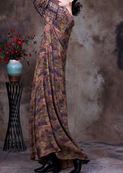 Chocolate O-neck Lace Patchwork Print Silk Long Dresses Long Sleeve