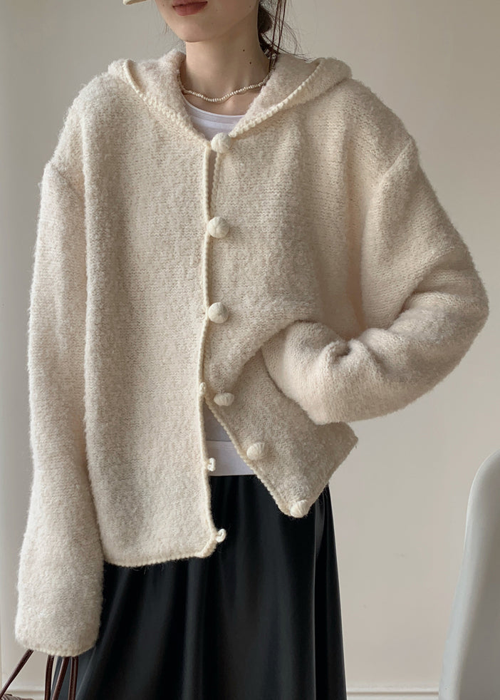 Loose Beige Hooded Button Cotton Knit Coat Winter