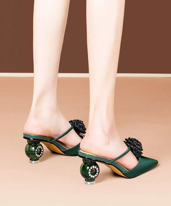 Soft Pointed Toe Chunky Green Satin Upper Slide Sandals