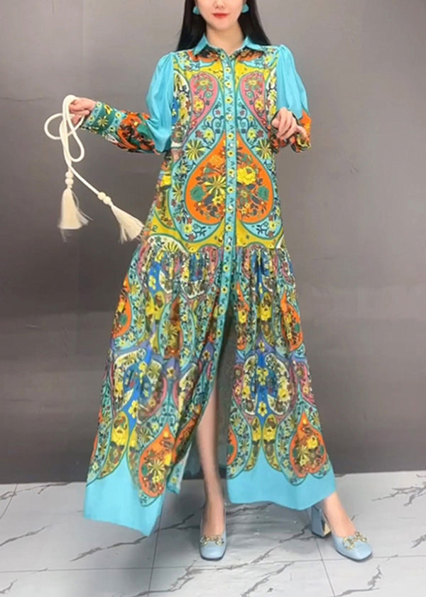 Blue Peter Pan Collar Button Print Cotton Long Dress Fall