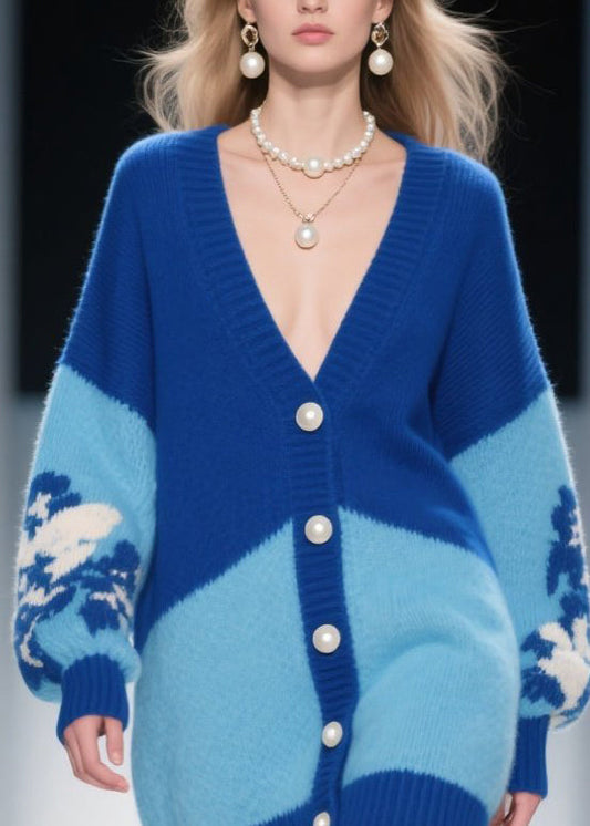 Blue V Neck Button Knit Loose Cardigans Fall
