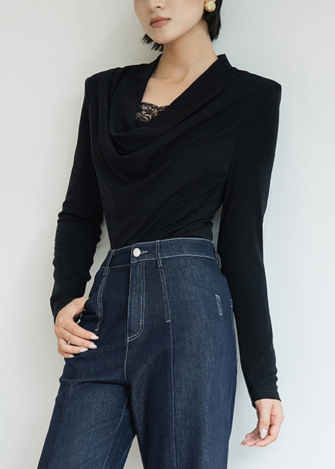 Slim Fit Black Lace Patchwork Wool T Shirts Fall