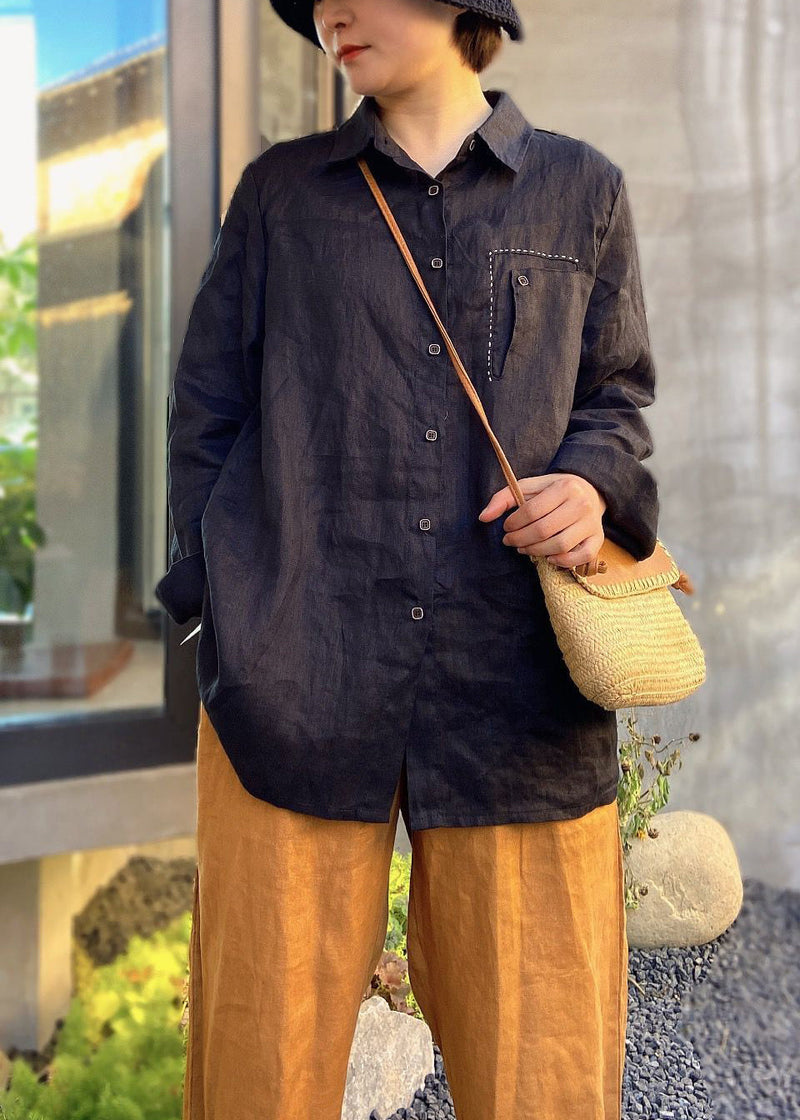 Chocolate Embroideried Button Peter Pan Collar Linen Shirt Top Long Sleeve