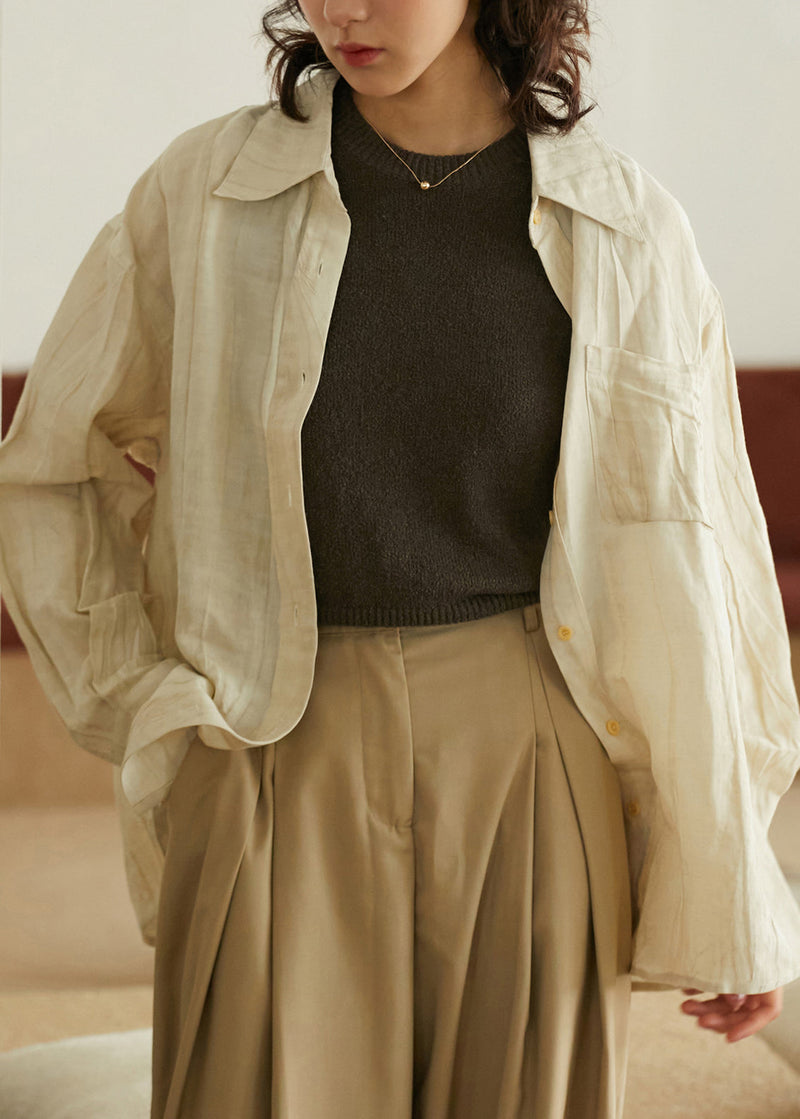 Apricot Peter Pan Collar Wrinkled Button Shirts Long Sleeve