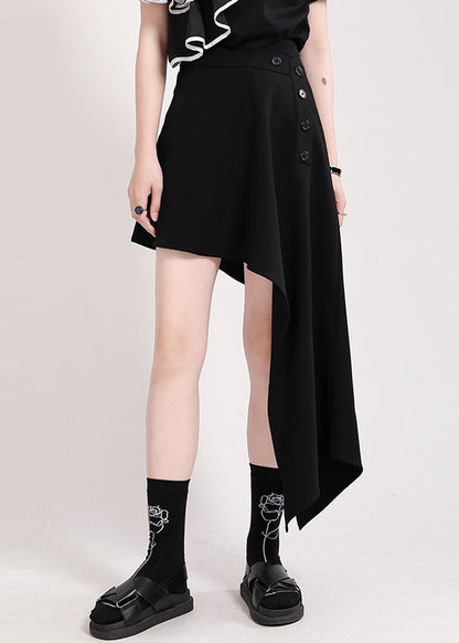Style Black Button Asymmetrical Cotton Skirts Spring