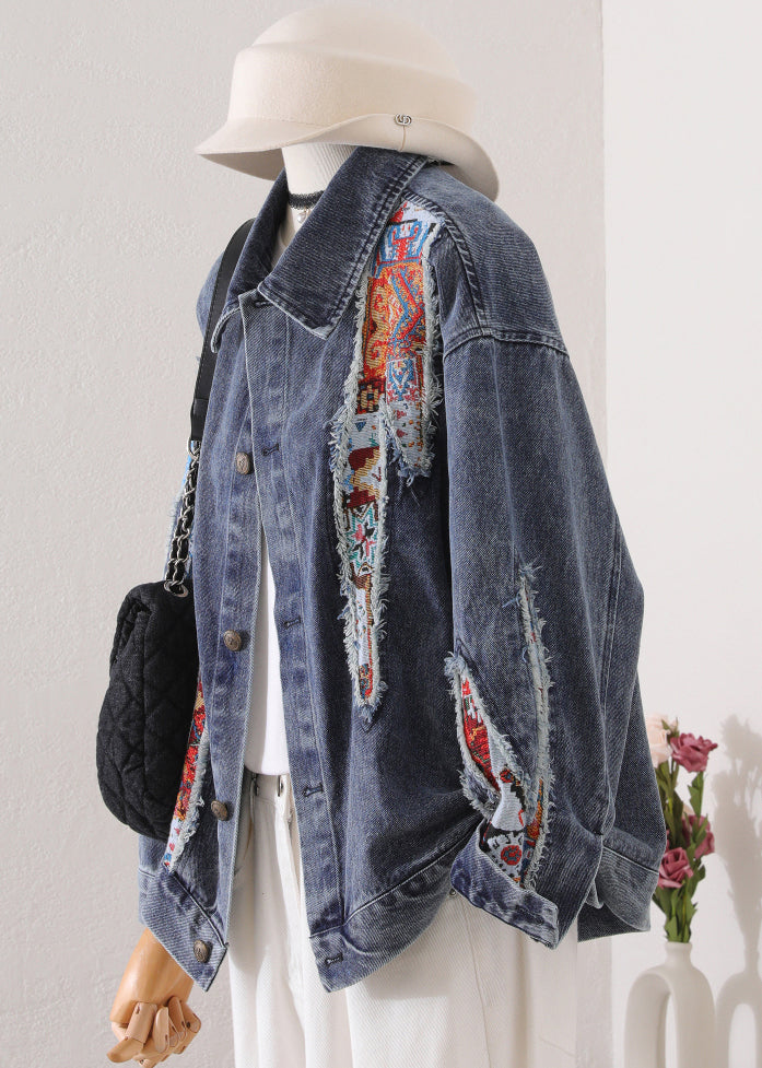 Blue Peter Pan Collar Patchwork Denim Coat Fall