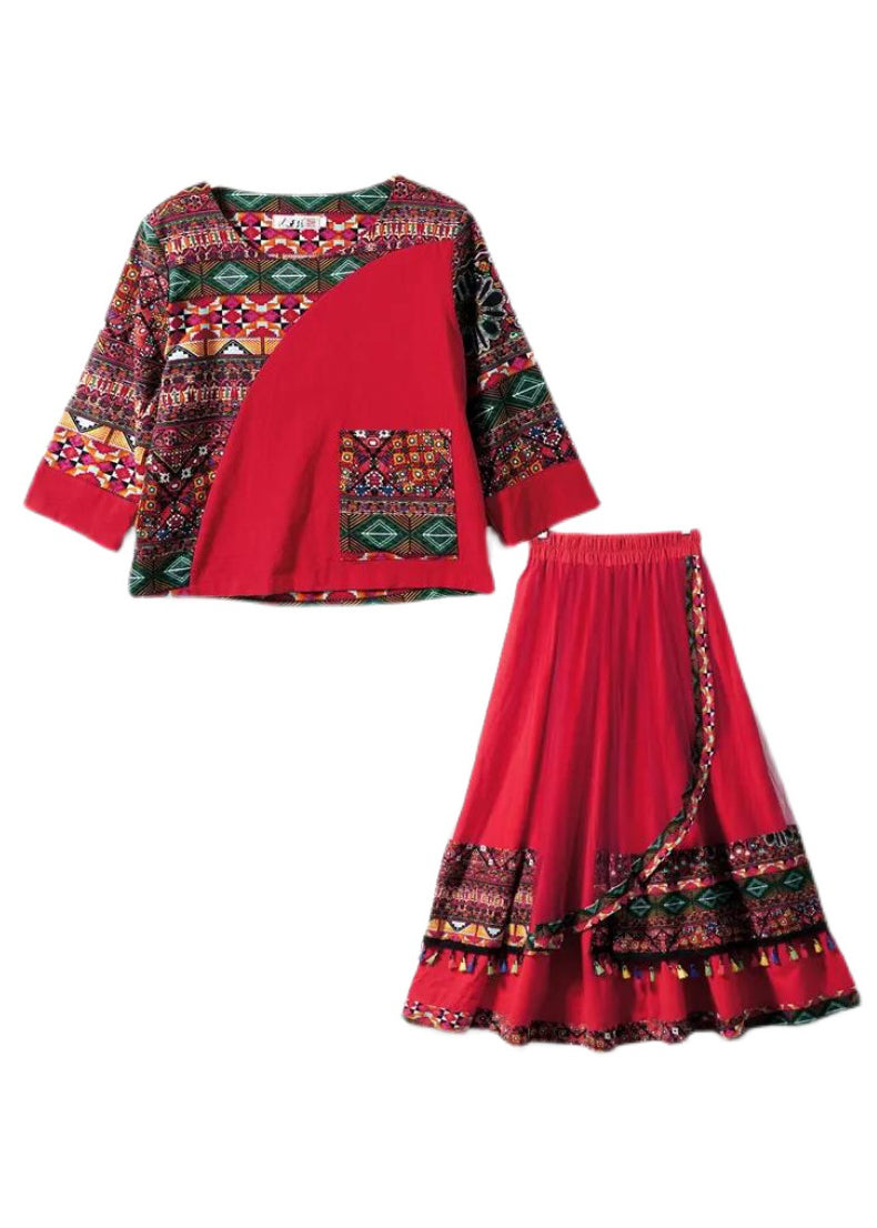 Novelty Red O-neck Print Top and Skirts Two Piece Set Fall