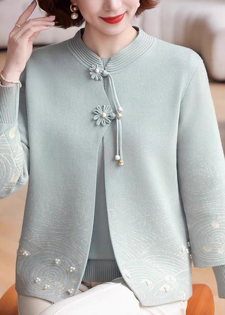 Blue Stand Collar Cotton Knit Coats Three Quarter Sleeve