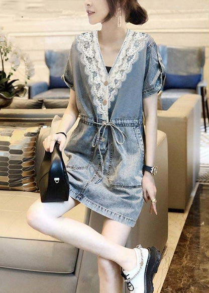 Blue V Neck Lace Patchwork Tie Waist Holiday Mid Dress Short Sleeve