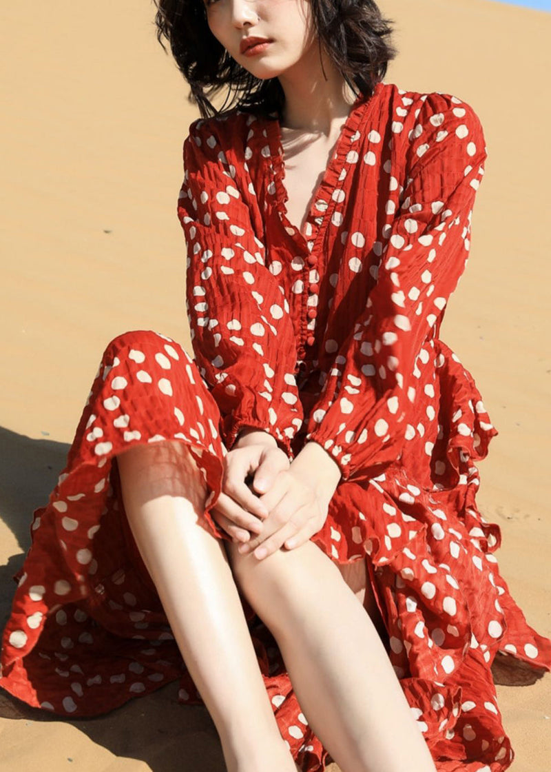 Red Ruffled Dot Chiffon Long Dresses Spring
