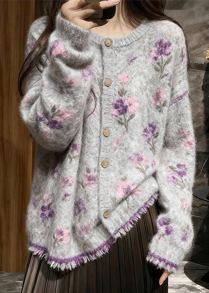 Fitted Grey O Neck Tassel Button Knit Cardigans Spring
