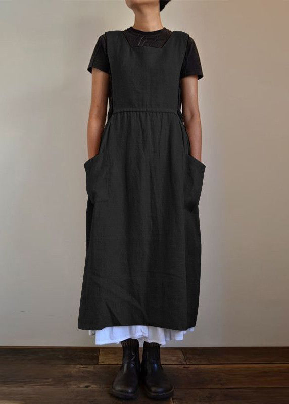 Handmade Black U Necku Neck Patchwork Pockets Cotton Maxi Dresses Summer