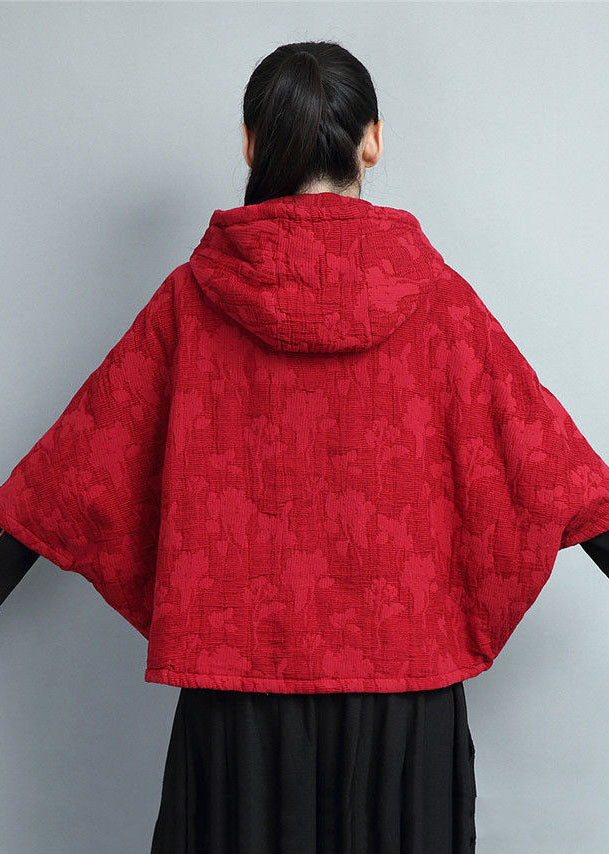 Red Hooded Embroideried Warm Fleece Coat Batwing Sleeve