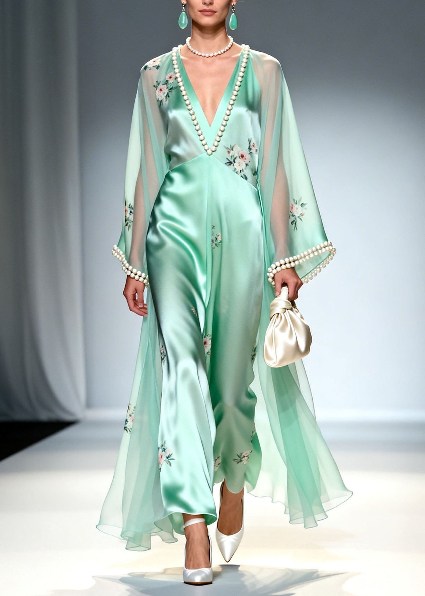 Art Light Green V Neck Print Nail Bead Silk Maxi Dress Summer