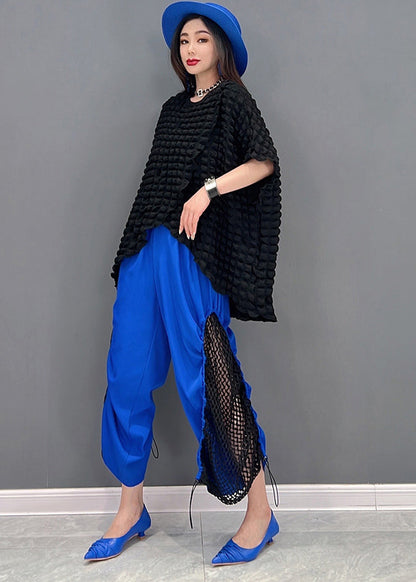 Blue Patchwork Tulle Top and Crop Pant Two Piece Set Clothing Drawstring Summer