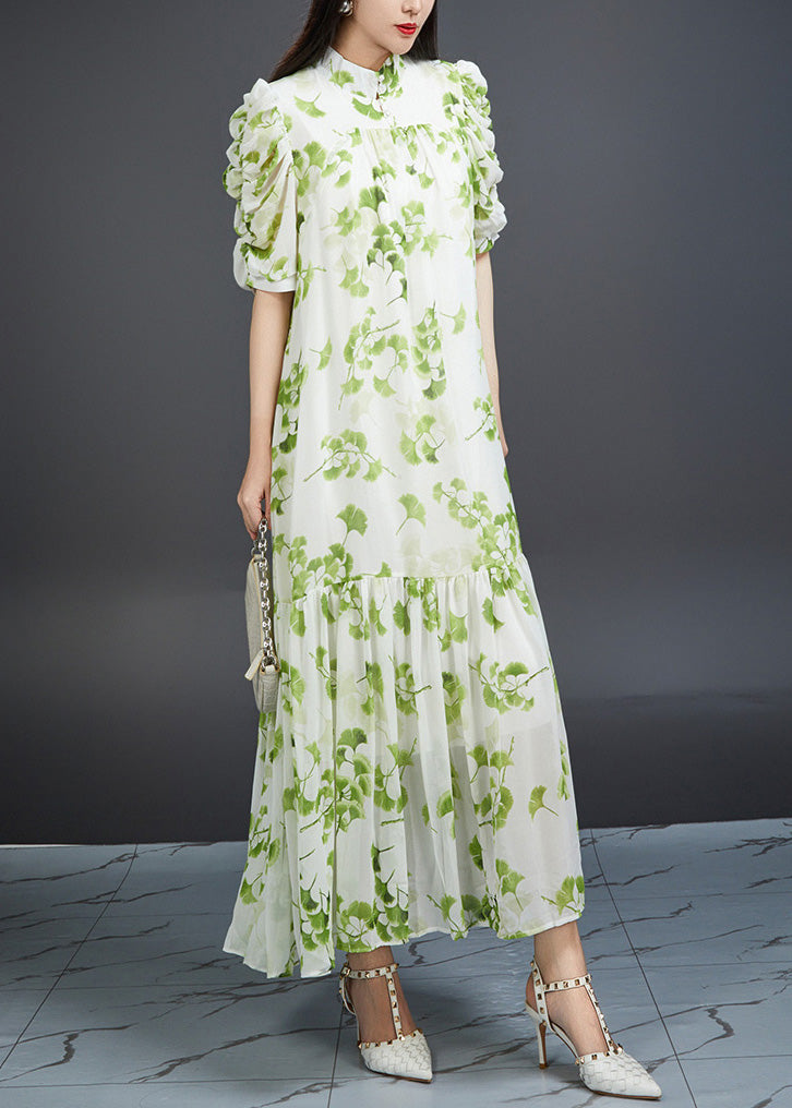 Green Wrinkled Print Tie Waist Chiffon Dress Summer