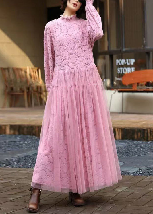 Pink Ruffled Tulle Patchwork Lace Long Dress Spring