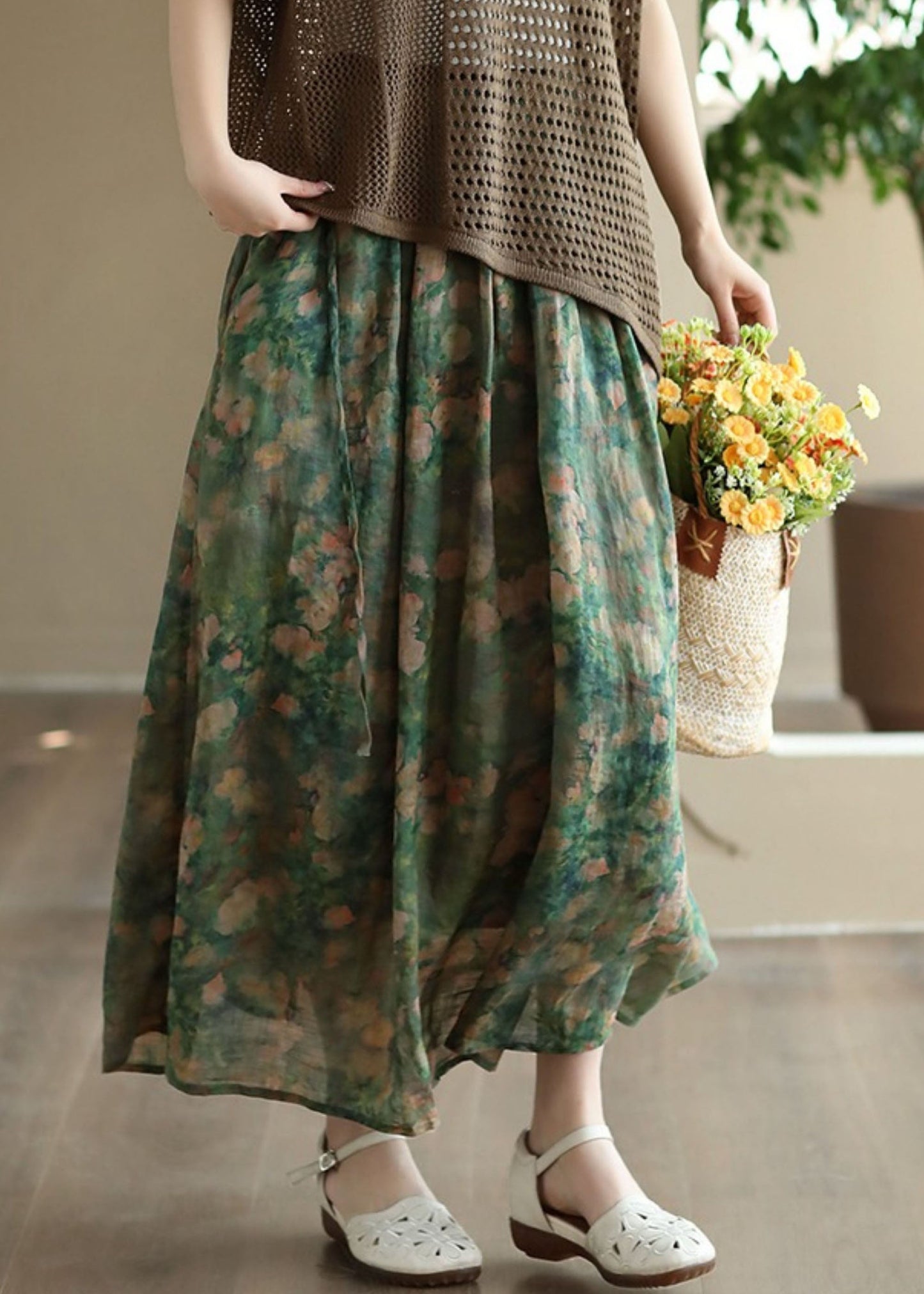 Green Wrinkled Pockets Patchwork Linen Skirts Summer