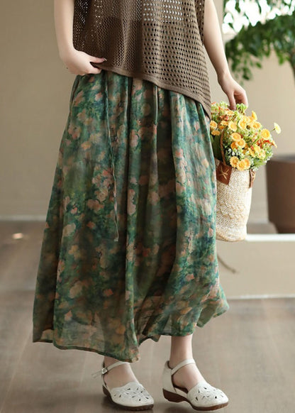 Green Wrinkled Pockets Patchwork Linen Skirts Summer