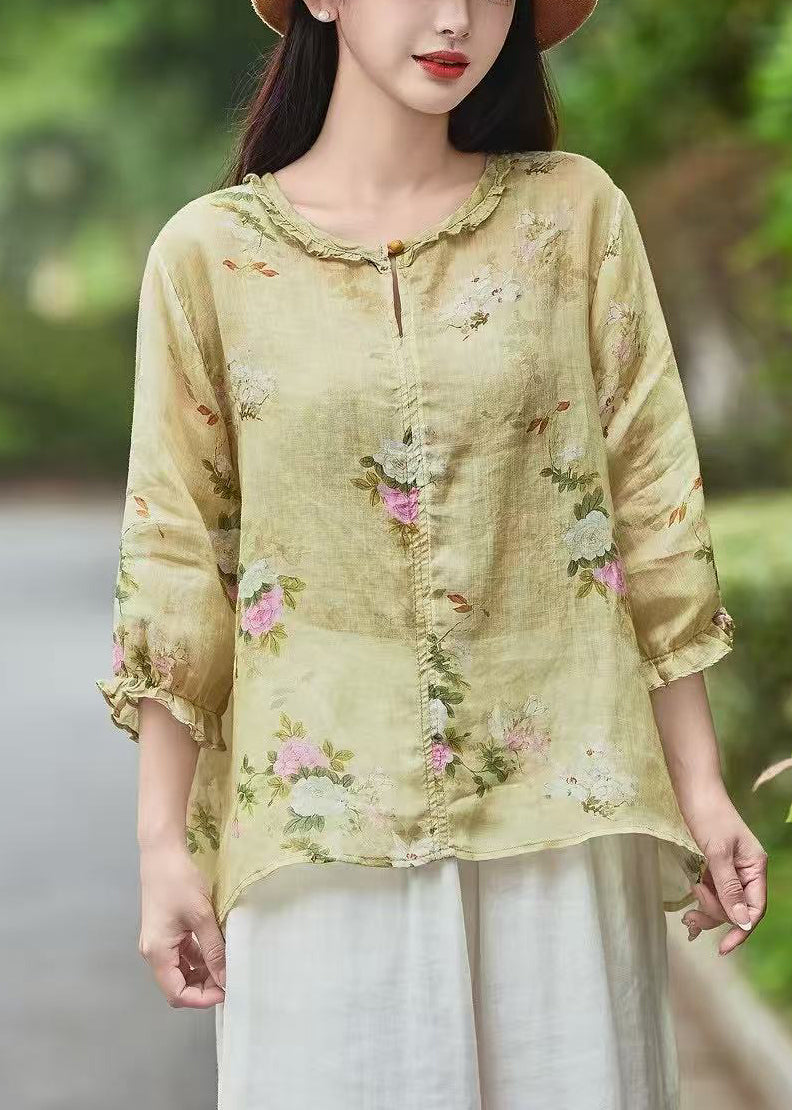 Yellow Ruffled Print Linen Blouse Bracelet Sleeve