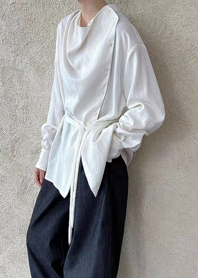 White Stand Collar Button Shirts Lantern Sleeve Spring