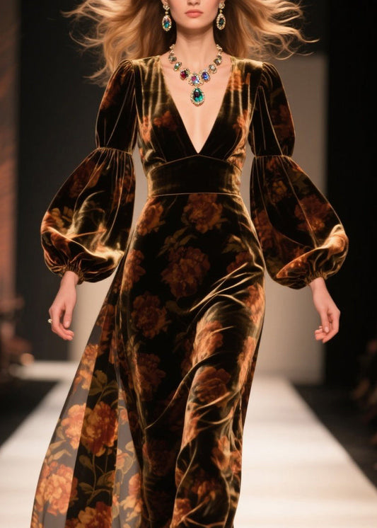 V Neck Print Velvet Ankle Dress Lantern Sleeve