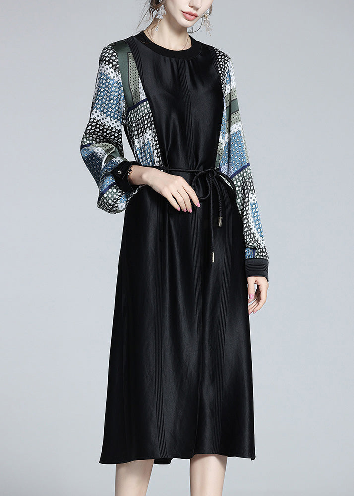 Black O-neck Print Patchwork Tie Waist Satin Vacation Long Dresses Long Sleeve