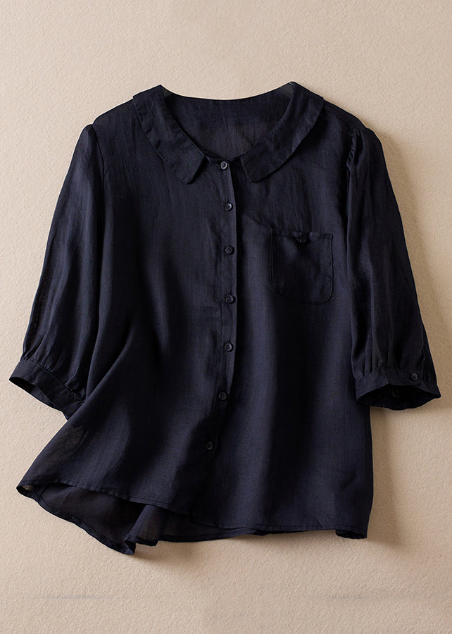 Pink Peter Pan Collar Button Linen Shirt Bracelet Sleeve