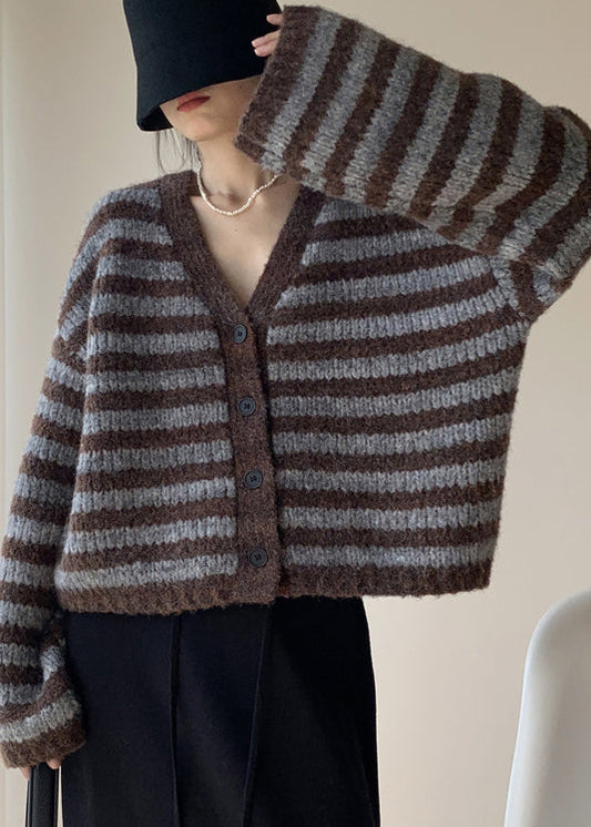 Coffee Striped Button Knit Knit Cardigans Coats Fall