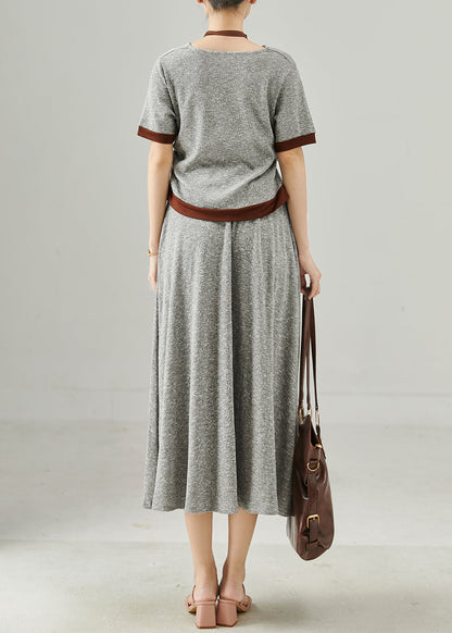 Natural Grey Patchwork Side Open Cotton Two Piece Set Clothing Summer