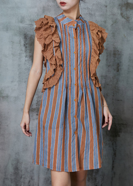 Khaki Striped Patchwork Ruffles Cotton Mini Dress Sleeveless