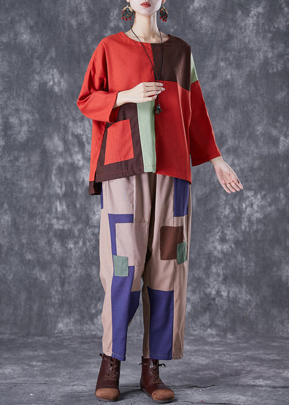 Red Oversized Patchwork Cotton Two Piece Set Clothing Fall